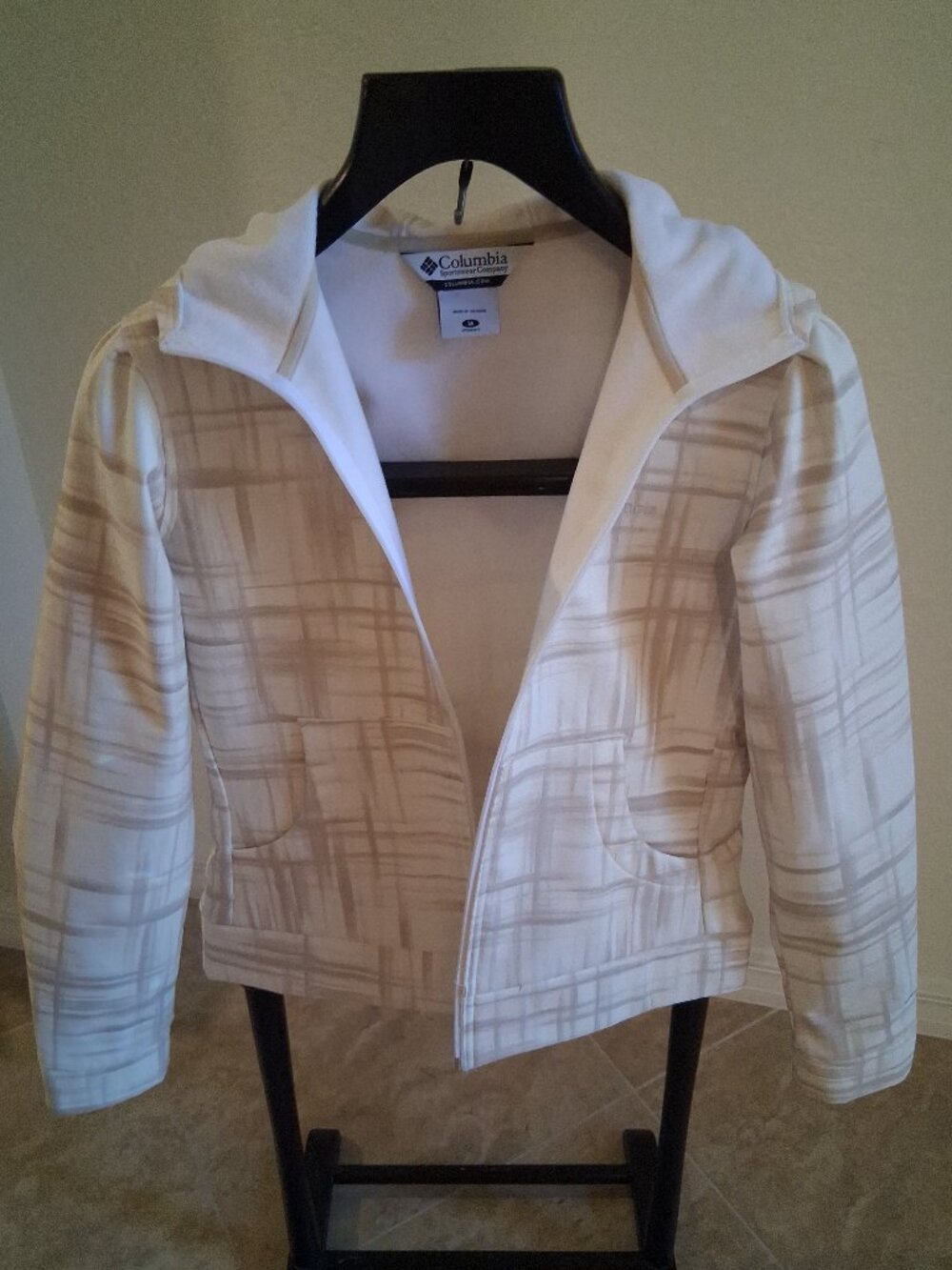 Columbia Cream Tan Abstract Crosshatch Full Zip Fleece Hoodie Jacket Size M